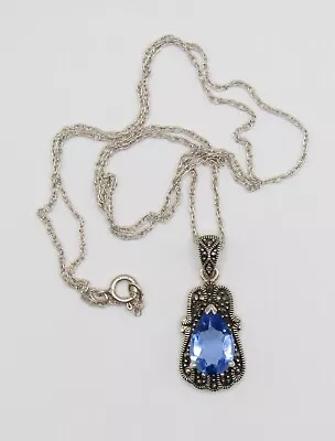 Gorgeous Vintage Sterling Silver Blue Iolite And Marcasite Pendant With Chain • $38.99