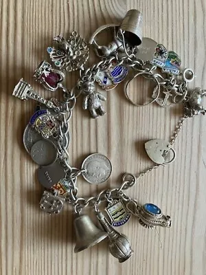 £25 • Buy Vintage Sterling Silver Charm Bracelet With 16 Charms