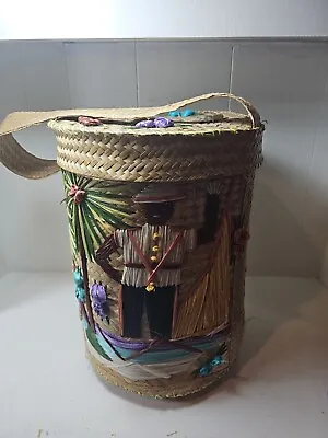 Basket Tropical With Attached Handle Large 16” Wicker Fabric Lined Handmade Vtg • $41.55