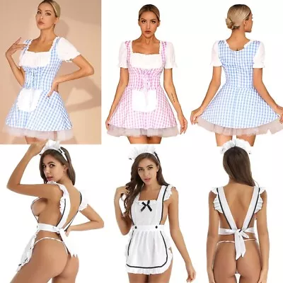 US Women Plaid Print French Maid Cosplay Dress Halloween Anime Costumes Party • $17.99