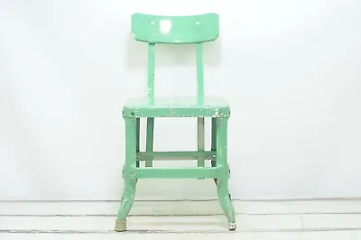 Antique/Vintage . Green Industrial Stool 16.25  Lab Stool Metal With Metal Back • $148