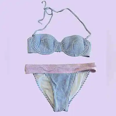 J CREW Seersucker Underwire Bikini Stripe Blue & Lilac Size 32C/XXS • $26.10