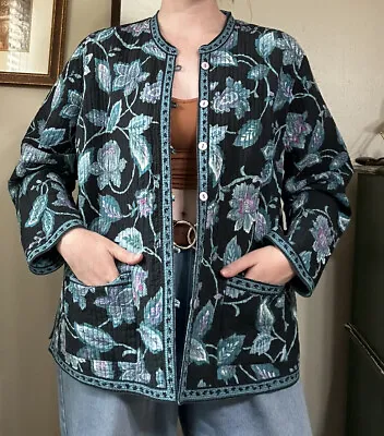 Vintage Vera Bradley Quilted Jacket Blue Floral Lined Button Closure Long Sleeve • $22