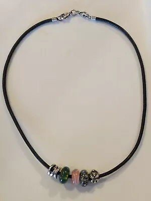 Trollbeads LAA  Murano Glass Sterling Silver Slider Black Leather Charm Necklace • $99.99