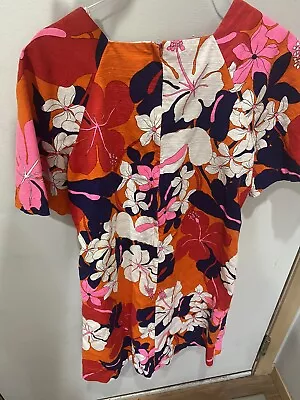 Vtg 60s Mod Hookano Pink Orange Red Navy Knee Length Hawaiian Muumuu Dress M • $20.50