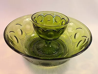 Vintage Anchor Hocking Avocado Green Glass Chip Dip Thumbprint Bowl Set • $22.77