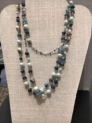 Vtg Blue Rhinestone Silver Necklace 64” Pearls Rondelles Faceted Beads Flapper • $16