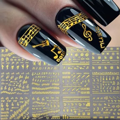 12 Sheets Music Notes Nail Sticker Decals- Metallic Nail Supplies 3D Self Gold • $13.95