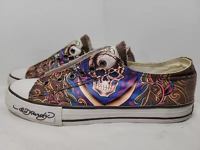 Ed Hardy Womens Slip On Flats Brown Canvas Sneakers Size 10 M Skull Print • $55