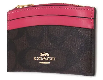 NEW Authentic COACH Signature Coated Canvas Card Case Brown Strawberry C7399 • $41.98