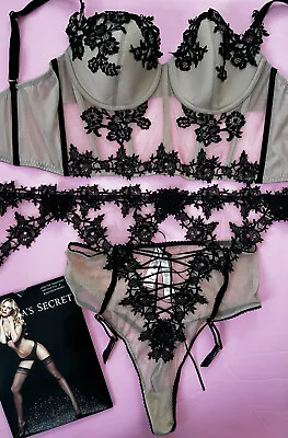 Victoria's Secret Longline 34DD BRA SET+garter+M Beige BLACK Applique Embroidery • £160.69