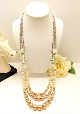 Vintage Whbm Crystal & Champagne Faux Pearl Bead 3 Tier Necklace 28  • $12