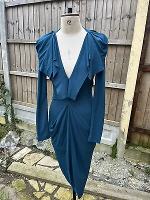 Designer Roland Mouret Size 10 Dress Draped Fitted Teal Sleeves Zip Up  • £245