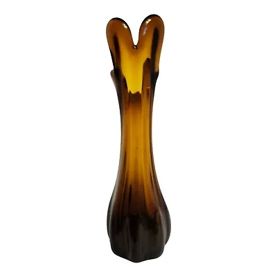 Vintage MCM Swung Art Glass Vase Dark Amber 5 Finger  9.75  Floral Bud Vessel • $30