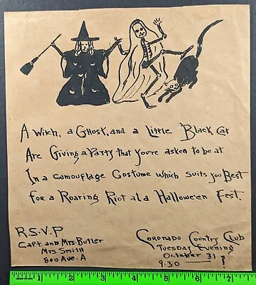 Vintage 1940s? Halloween Party Coronado Witch Skeleton Cat Handmade Flyer Poster • $195