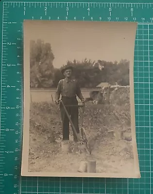 MAN ON 80th BIRTHDAY WITH ROTOTILLER IN GARDEN~VINTAGE 1950 PHOTOGRAPH • $7.99