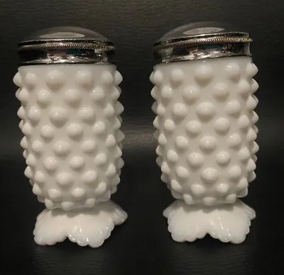 VTG Fenton Hobnail White Milk Glass Salt & Pepper Shakers Footed • $10