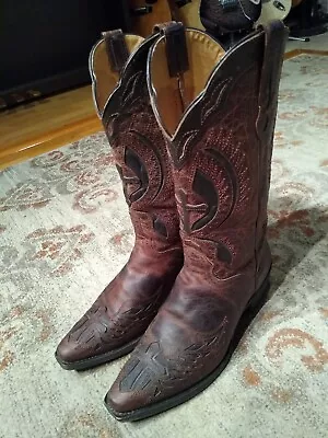 J.b. Dillon Distressed Leather Cross Inlay J Toe Cowboy Boots Jbm2218 Mens 9.5ee • $59.95