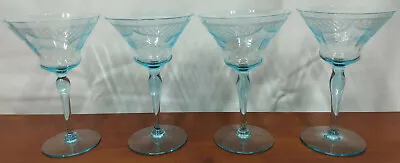 7630-10 Morgantown Glass AZURE BLUE Optic Cut Floral Lattice SHERBET CHAMPAGNE 4 • $60.78