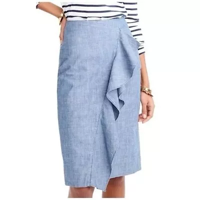 J. Crew Blue Chambray Pencil Skirt Ruffle Accent Front Faux Wrap Size 4 • $24