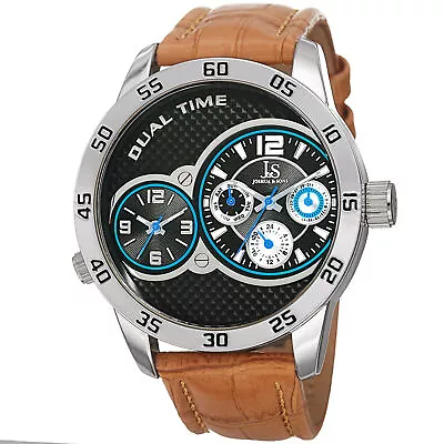 Men's Joshua & Sons JS97SSBR Dual-Time Multifunction Brown Leather Strap Watch • $60.74