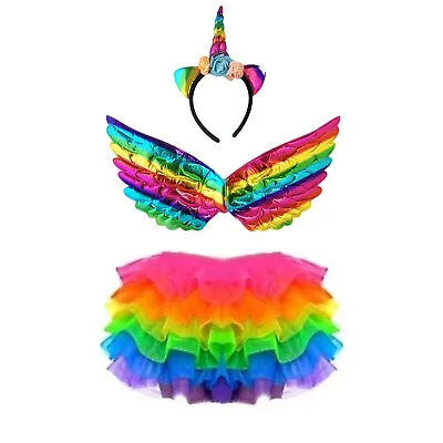 Kids Rainbow Tutu Unicorn Costume Set Girls Halloween Fancy Dress Party Skirt • £11.01