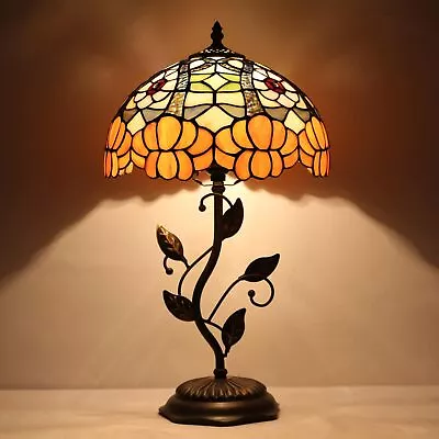 Tiffany Table Lamp Stained Glass Desk Light With Metal Leaf Base Orange Flower • $299.99