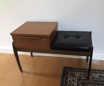 RETRO VINTAGE 1960s TELEPHONE TABLE - Original Wood And Vinyl Seat With Drawer • $150