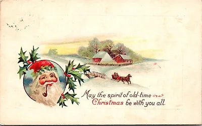 Antique Christmas Postcard Santa Red Coat Country Home Horse Drawn Sleigh Holly • $7.99