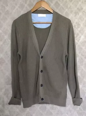 Zara Man Sweater Cardigan XLARGE Muted Olive Gray Green Waffle Knit Patch Arm  • $28.55