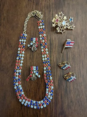 Vintage Jewelry Lot 5 Mixed Costume Necklaces Earrings Pins Red White + Blue J6 • $10