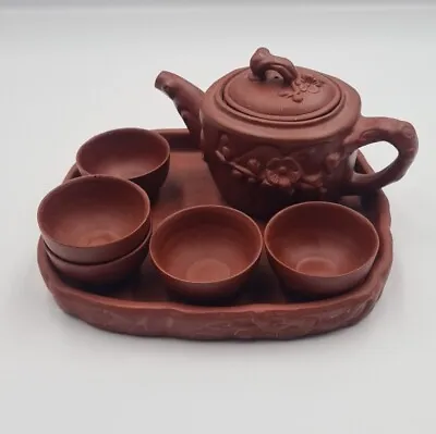 Vintage Chinese Yixing Zisha Red Clay Mini Teapot Cup Tray Set Cherry Blossom • $94.95