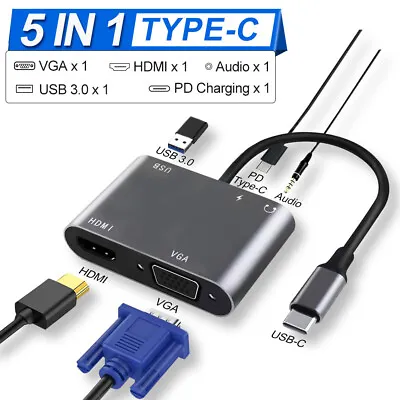 $29.50 • Buy 5 IN1 Type-C USB-C HUB USB 3.0 HDMI 4K PD Charger VGA Audio Adapter For Macbook