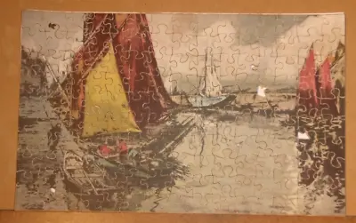 Vintage Wooden Jigsaw Puzzle Boats In Harbor Complete 150 12x7 • $12.22