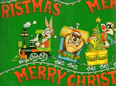 Looney Tunes Christmas Gift Wrap Train Holiday Wrapping Paper Vintage 1993 Green • $8.95