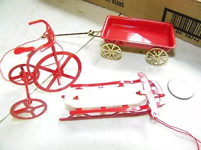 Dollhouse Miniature Toys Red Metal Wagon Tricycle Metal W Wood Sled 1:12 Scale • $14.99