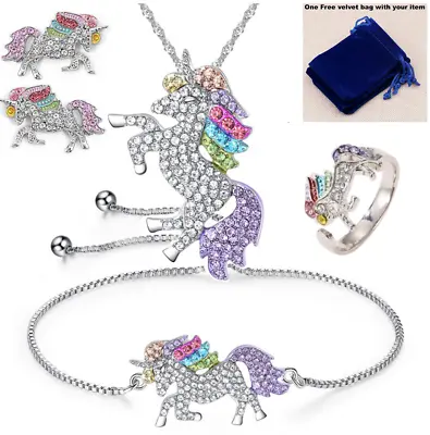 £6.99 • Buy Kids Girls Unicorn Bracelet Pendant Necklace Earring Gift Bag Charm Crystal 