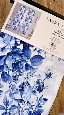 2 Laura Ashley Window Panel Curtain Blue Cabbage Rose Jacobean Floral Toile 96” • £86.73