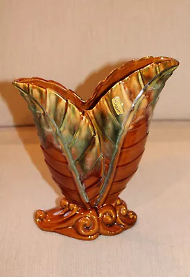 Vintage Haeger Art Deco Double Leaf Fan Brown Green 10 3/4  Vase With Sticker • $35