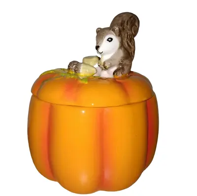 Fall Autumn Leaves & Acorns Ceramic Squirrel On Pumpkin Cookie Storage Jar 7   • $29.99