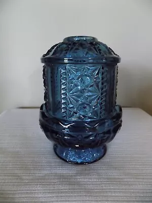 Vintage MCM Indiana Glass Fairy Lamp Midnight Blue Stars And Bars Candle Holder • $55