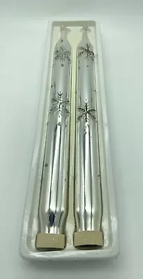 Vintage MCM Set Of 2 Mercury Silver Taper Candlesticks Glitter Snowflakes 12 In. • $19.99