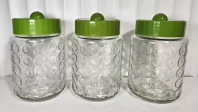 3x Nescafe Dimple Glass Coffee Jars Vintage Green Lids Retro Canisters  • $65