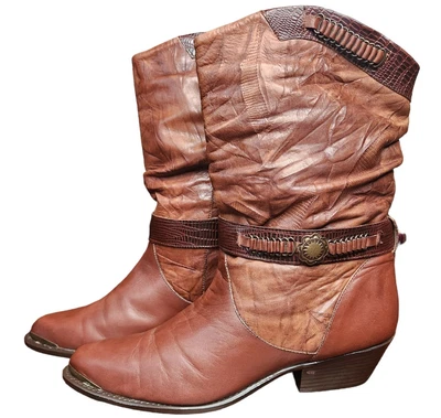 $25 • Buy Ferrante Slouch Brown Leather Boots Chain & Faux Snake Accents Vintage Size 10b