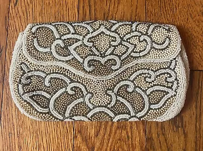 Antique White Beaded Embroidered Bag Purse Clutch Made In Belgium With Mirror • $19.99