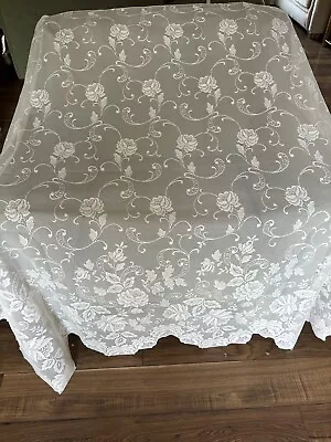 Vintage Lace Curtain Panel White Floral Roses Sheer Cottage Farmhouse 60” X 60” • $9.99