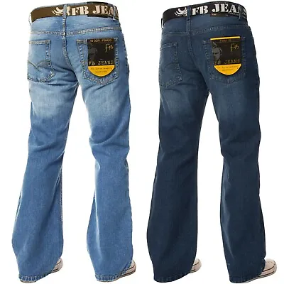 £15.99 • Buy Mens Bootcut Loose Fit Dark Blue Wide Flare Leg Distressed Denim Jeans Big Sizes