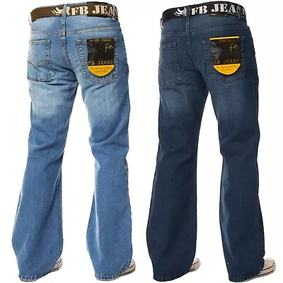 Mens Jeans Bootcut Wide Leg Flare Denim Pants Casual Regular Fit Trouser UK Size • $24.85