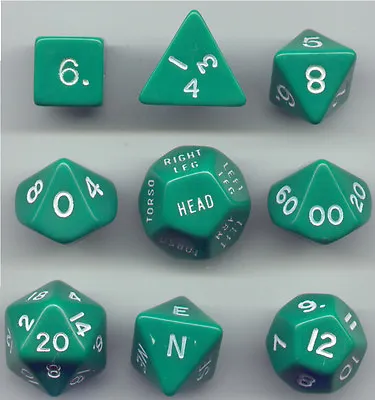 RPG Opaque Green Dice Cube 9pc D20 D12 D10 D8 D6 D4 Compass Hit Loc. • $10.20