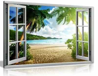 Beach Sunset View 3D Window Effect Canvas Wall Art Picture Print • £34.99